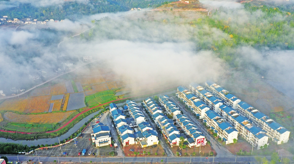 晨雾中的宝顶镇东岳村，农房错落有致，好一幅美丽的乡村画卷